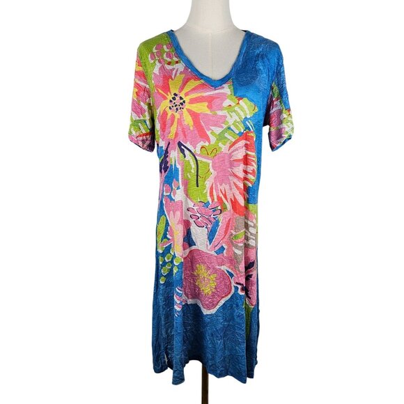 David Cline Power Floral Midi Dress XL Crinkle Blue Colorful Beachy Tropical - Picture 1 of 11